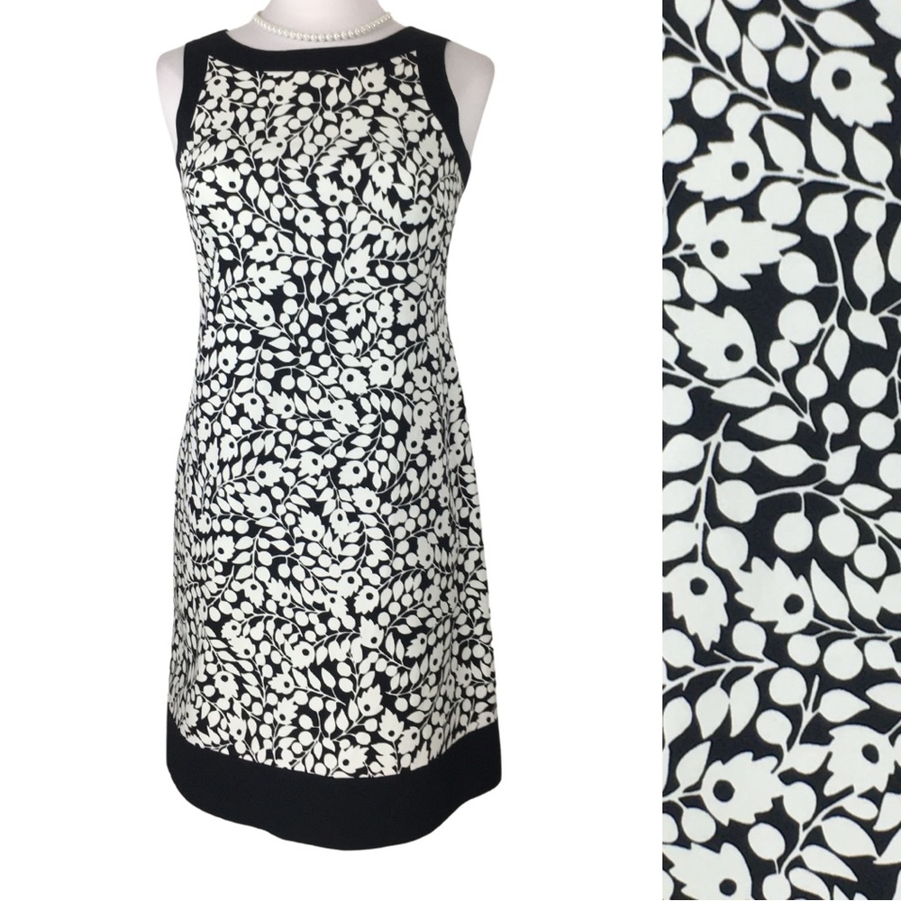 Willow Glenn Black White Floral Boat Neck Sheath Cotton Aline Midi Dress size 6